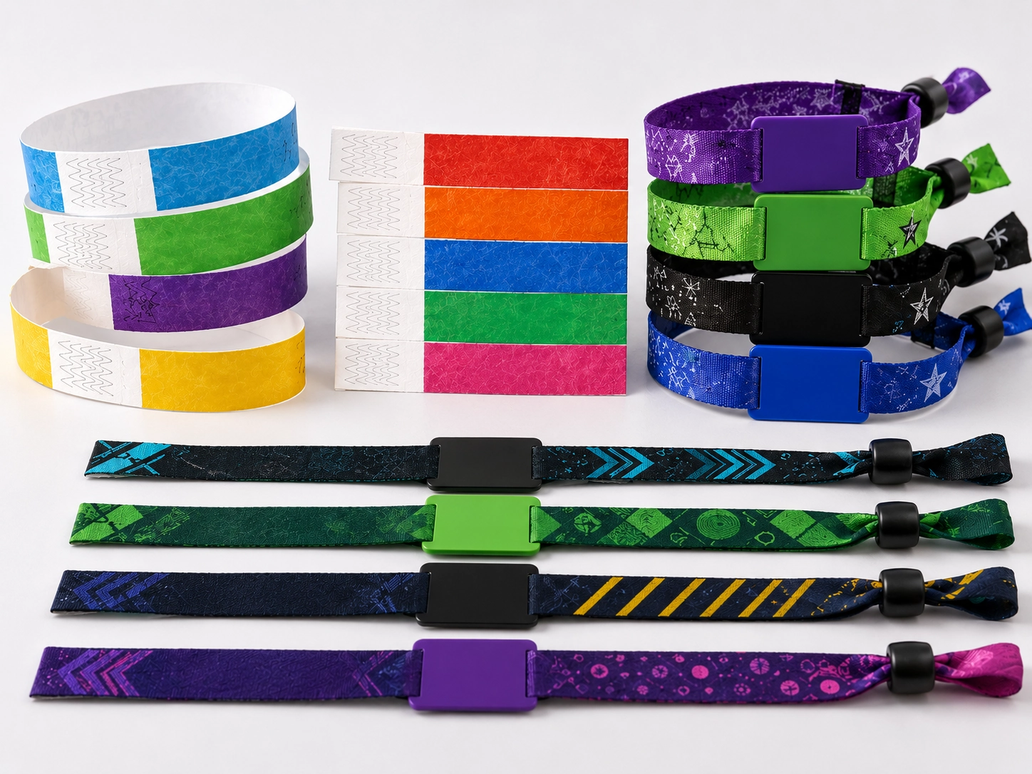 Sequentially numbered event wristbands and RFID fabric wristbands prepared for access control comparison Sequentially numbered event wristbands and RFID fabric wristbands prepared for access control comparison